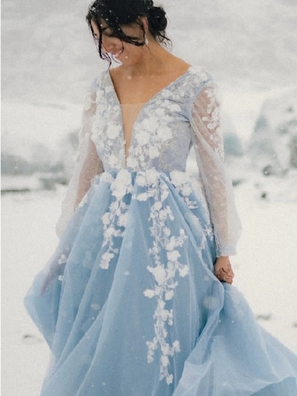 Elegant Light Blue Floral Appliqué Gown - Women Dresses